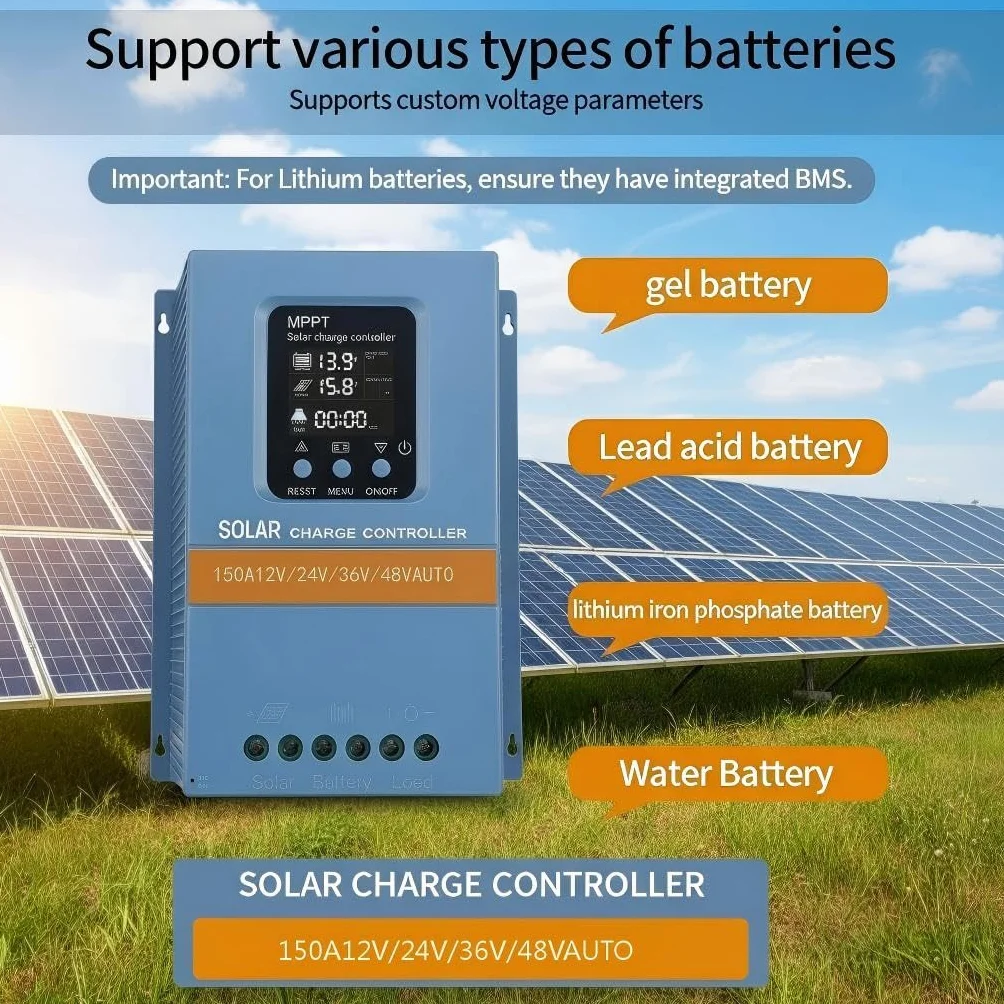 Solar Laderegler 150A 12V 24V 36V 48V Intelligente Erkennung LCD-Anzeige Batterieintelligenter Regler Max. 100V Eingang Doppelte USB für Blei/Lithium-Batterien