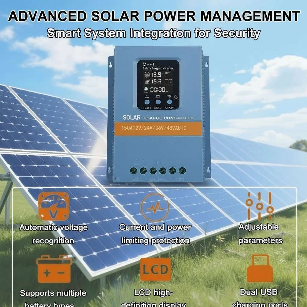 Solar Laderegler 150A 12V 24V 36V 48V Intelligente Erkennung LCD-Anzeige Batterieintelligenter Regler Max. 100V Eingang Doppelte USB für Blei/Lithium-Batterien