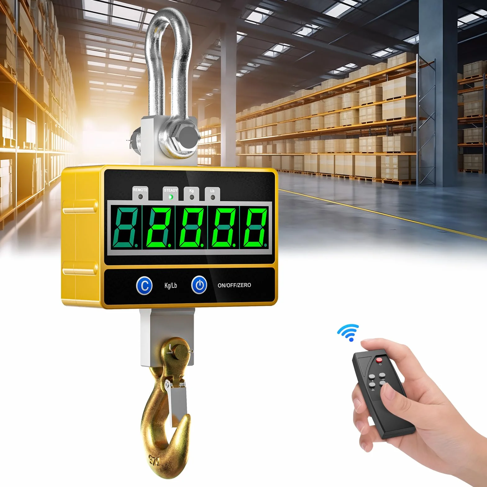 Kranwaage 2000kg, Crane Scale Digital 2T, Schwere Industrie Hängewaage, LED Bildschirm Wiederaufladbare mit Fernbedienung, für Industrielle und Bauernhof Präzisionsmaschinen