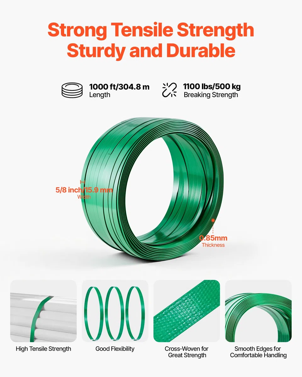 VEVOR 4 tlg. Umreifungsset mit Umreifungsband, Manuelle Umreifungsgerät mit 304,8 m PET Band, 300 Metallklammern & Schneider, Ideale Werkstattausstattung für Industrielle Verpackung, Transport & Lager