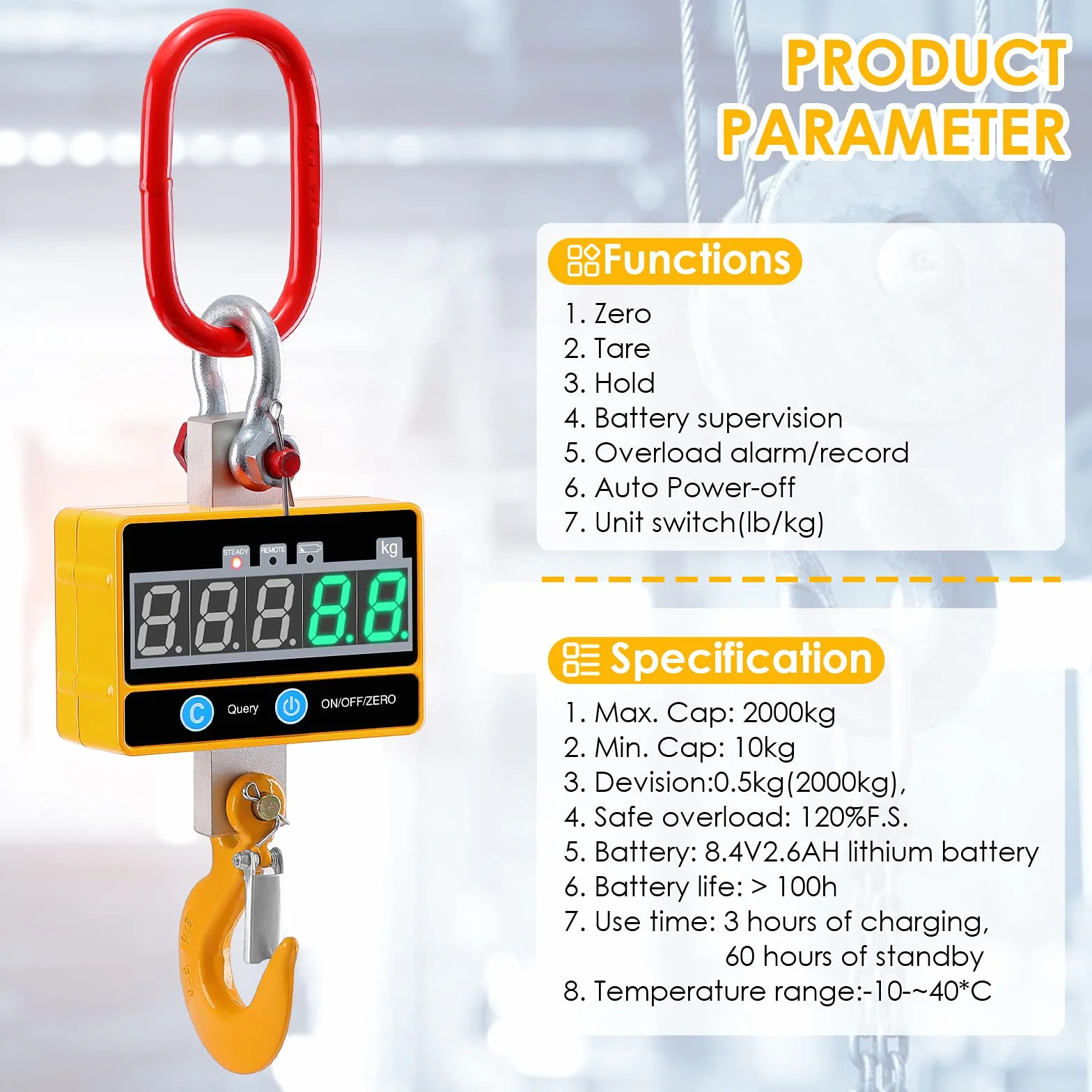 Kranwaage 2000kg, Crane Scale Digital 2T Schwere Industrie Hängewaage LED Bildschirm Wiederaufladbare mit Fernbedienung für Industrielle und Bauernhof Präzisionsmaschinen