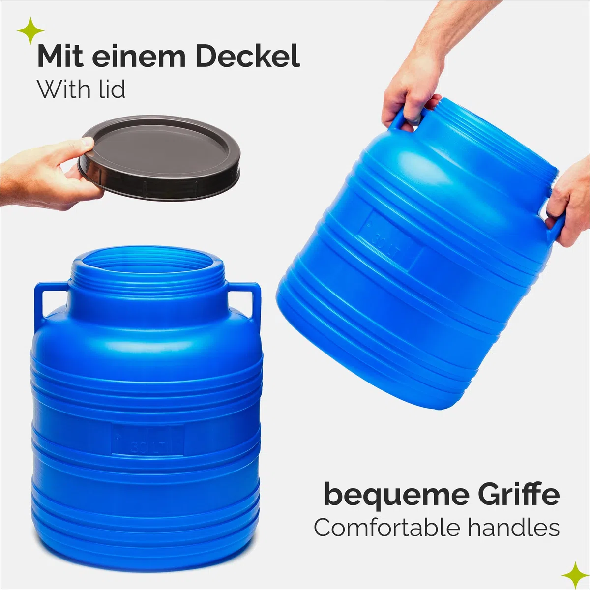 Garronda Set 2X 30 Liter Weithalsfass BPA-frei Futtertonne Fass Universalfass Lebensmittel Fass Regenfass für Garten Regentonne mit Deckel Regenwassertonne für Garten Wassertonne GD-0121 Blau