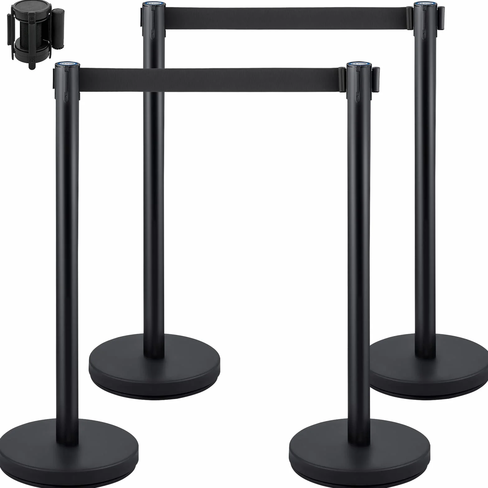 VEVOR Personenleitsystem 4 Ständer, 90 cm Gesamthöhe VIP Absperrung mit Vierwegadapter, Abgrenzungsständer, Absperrständer mit 2 M Länge Gürtel für Airport Flughafen, Ständer Stahl und Eisen, Schwarz