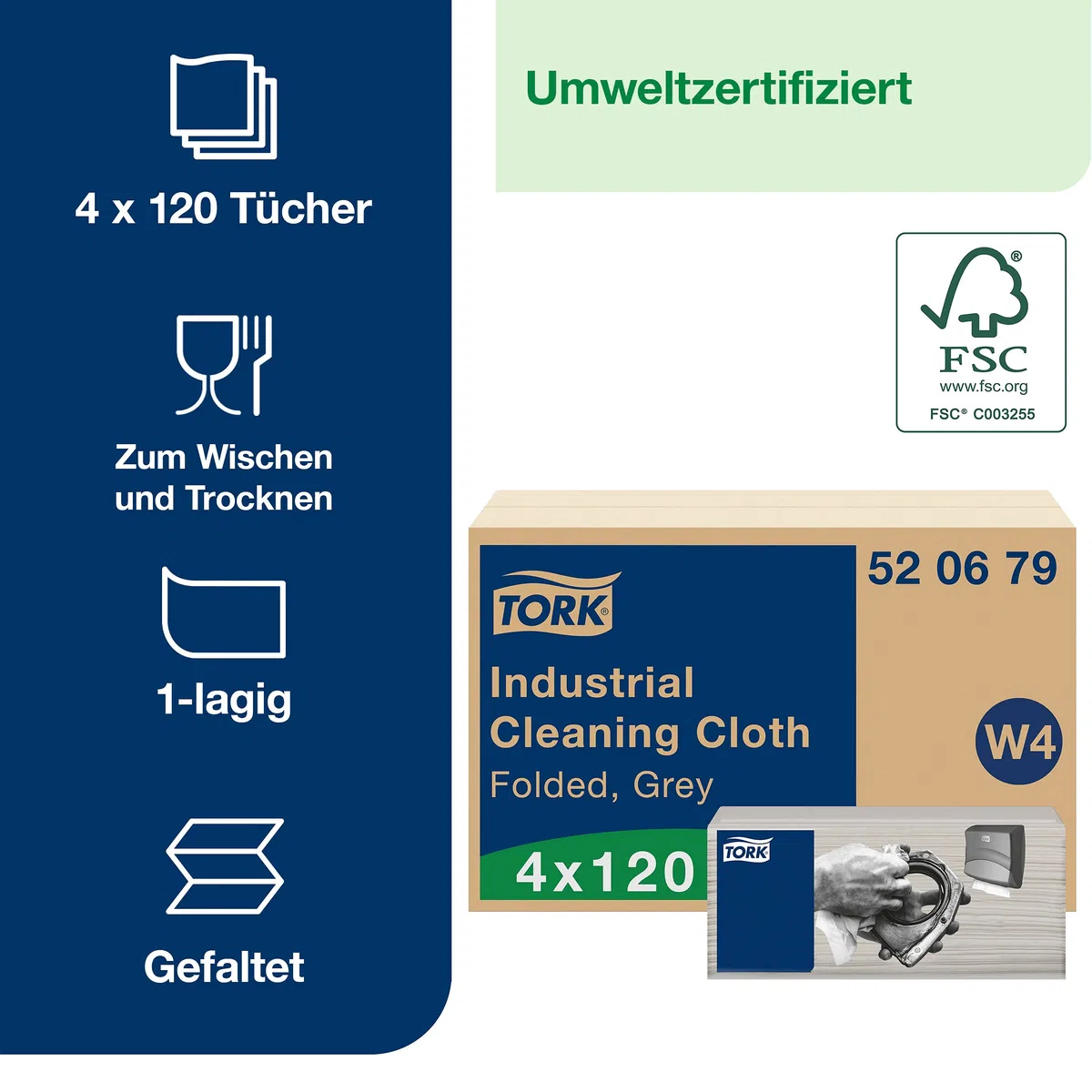 Tork Industrial Cleaning Cloth Grau W4, Flexible and Soft, 4 x 120 cloths, 520679