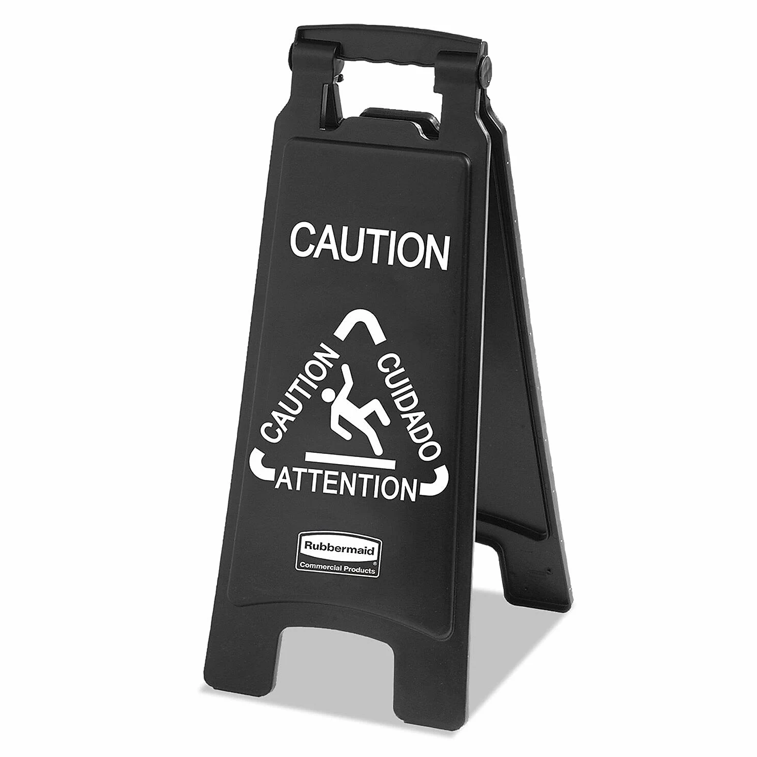 Rubbermaid Commercial Products Executive Warnschild 66 cm Schwarz – 2-seitiges klappbares Vorsicht-Rutschgefahr Schild mit mehrsprachigem Hinweis – ANSI- und OSHA-konform