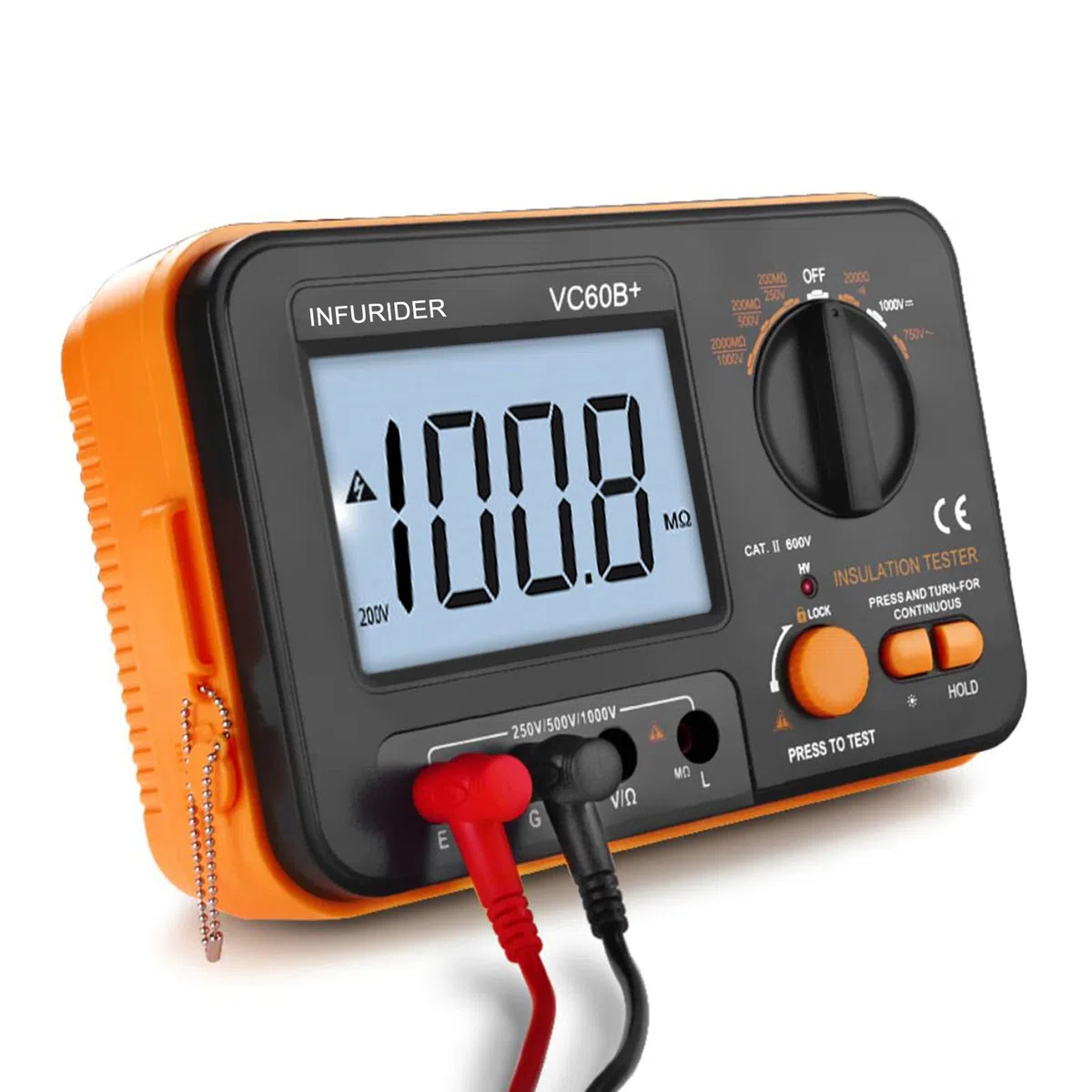 Digitaler Isolationswiderstandstester, Megohmmeter Ohmmeter YF-VC60B+, Spannungsprüfer 250/500/1000 V, Isolationsmessgerät mit hintergrundbeleuchtetem LCD-Display, Datenspeicherung