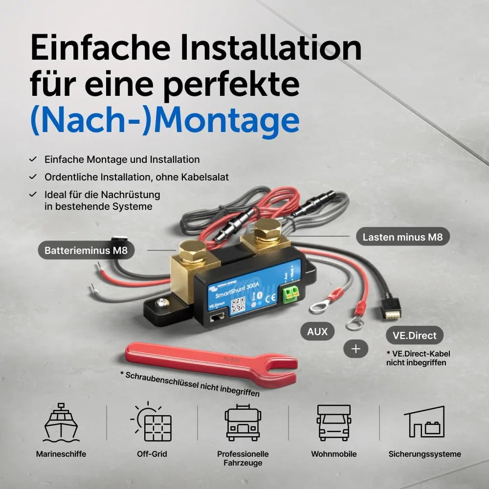 Victron Energy SmartShunt 300A - 50mV - Smart Shunt Batteriewächter (Bluetooth) | Victron Bluetooth Smart Shunt mit detaillierten In-App-Insights