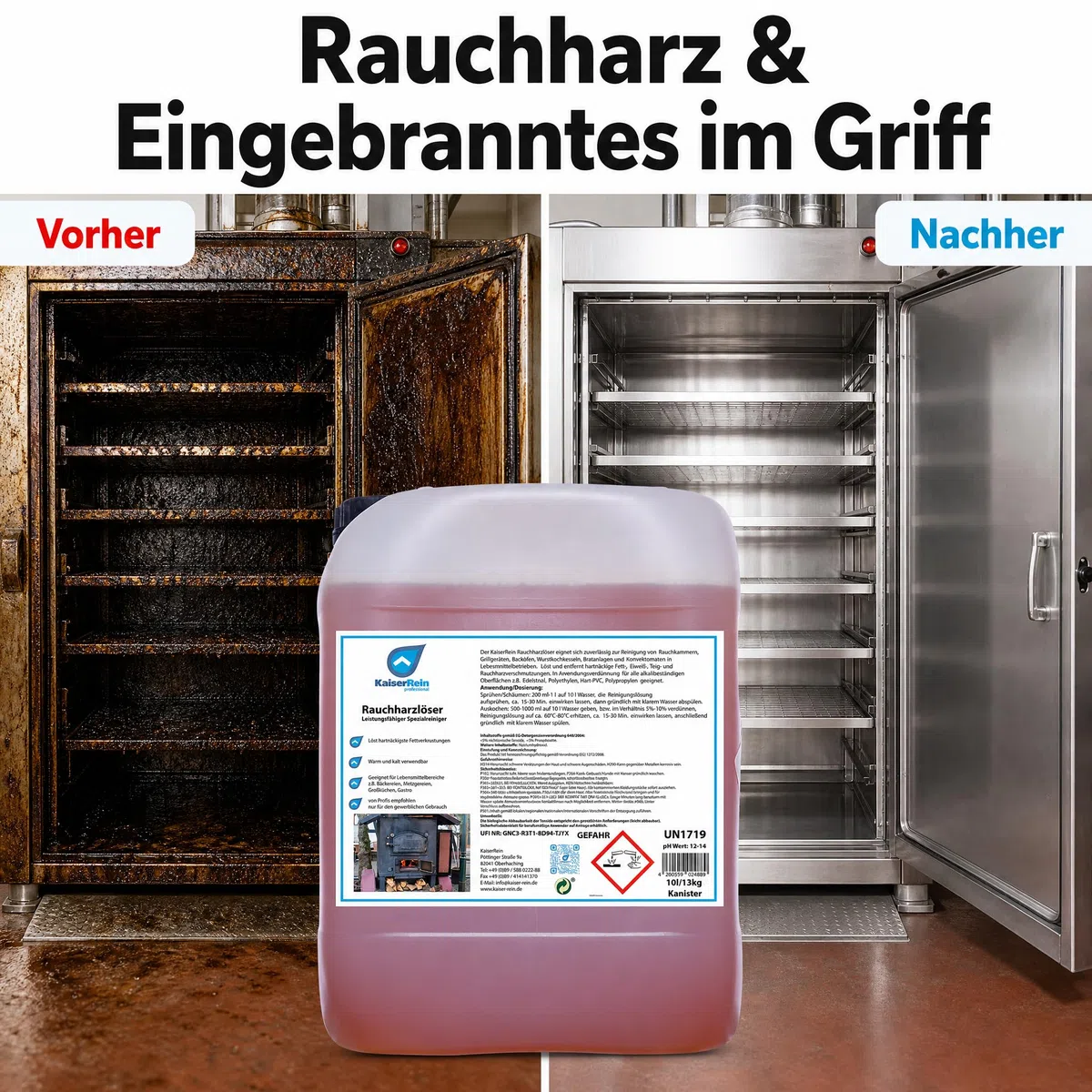 KaiserRein Grillreiniger Profi Rauchharzentferner, Backofenreiniger extra stark, 10-l-Kanister, schäumbar, warm/kalt, für Rauchkammern, Grills, Öfen, Konvektomaten, stark alkalischer Gastro-Reiniger