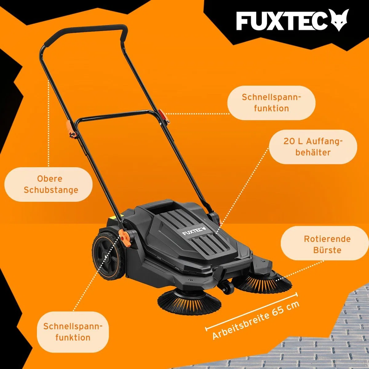 FUXTEC Handkehrmaschine FX-HK65, Kehrgerät für mittlere bis größere Außenbereiche, 650 mm Arbeitsbreite, 20 L Kehrbehälter, Flächenleistung bis ca. 2000 m², ergonomisches Design