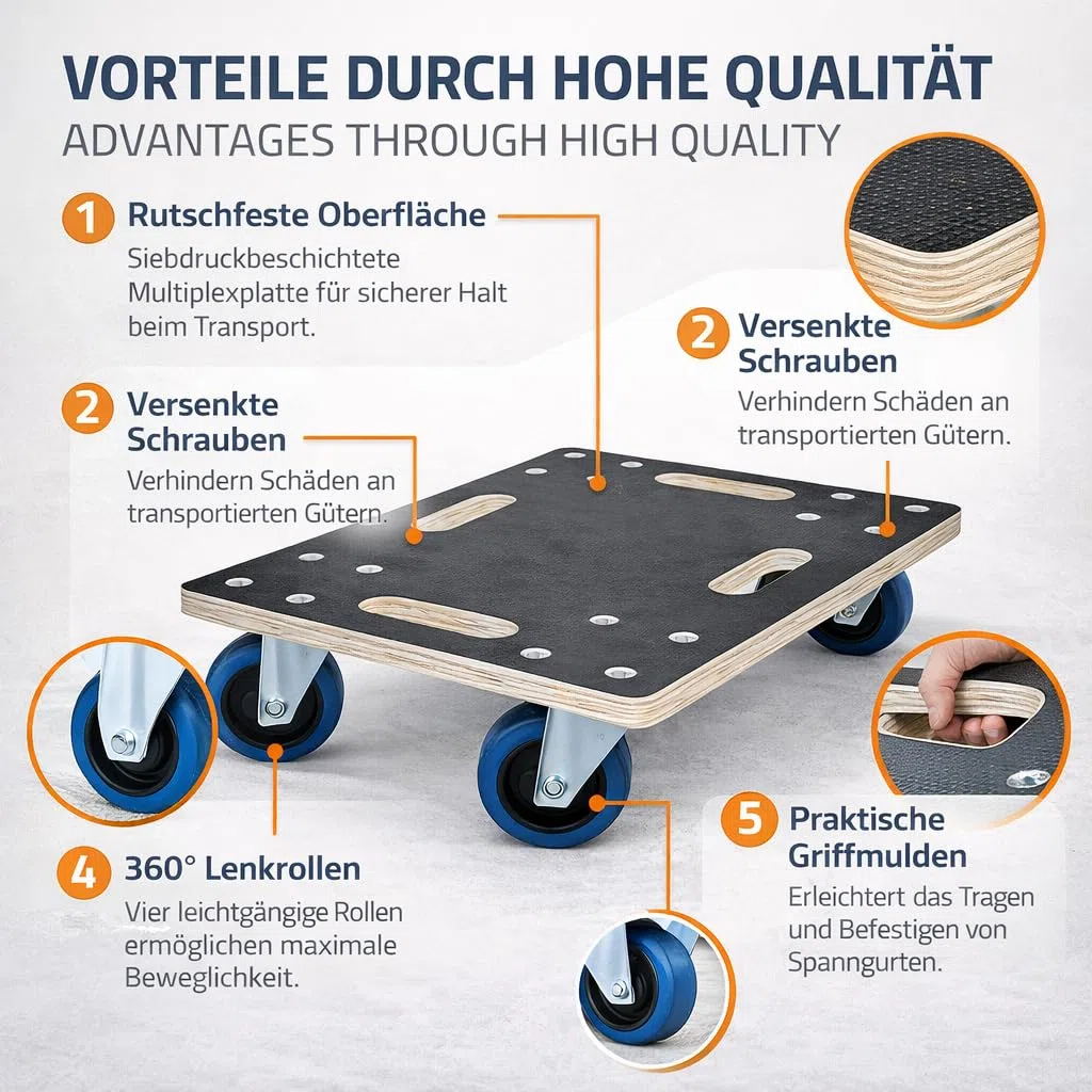 Möbelroller bis 800 kg Tragkraft - aus 18 mm Multiplex Holz mit Rutschfester Siebdruckplatte & 4 Lenkrollen - Transportroller Möbel Rollbrett für Umzug, Werkstatt & Lager (60x80 cm)