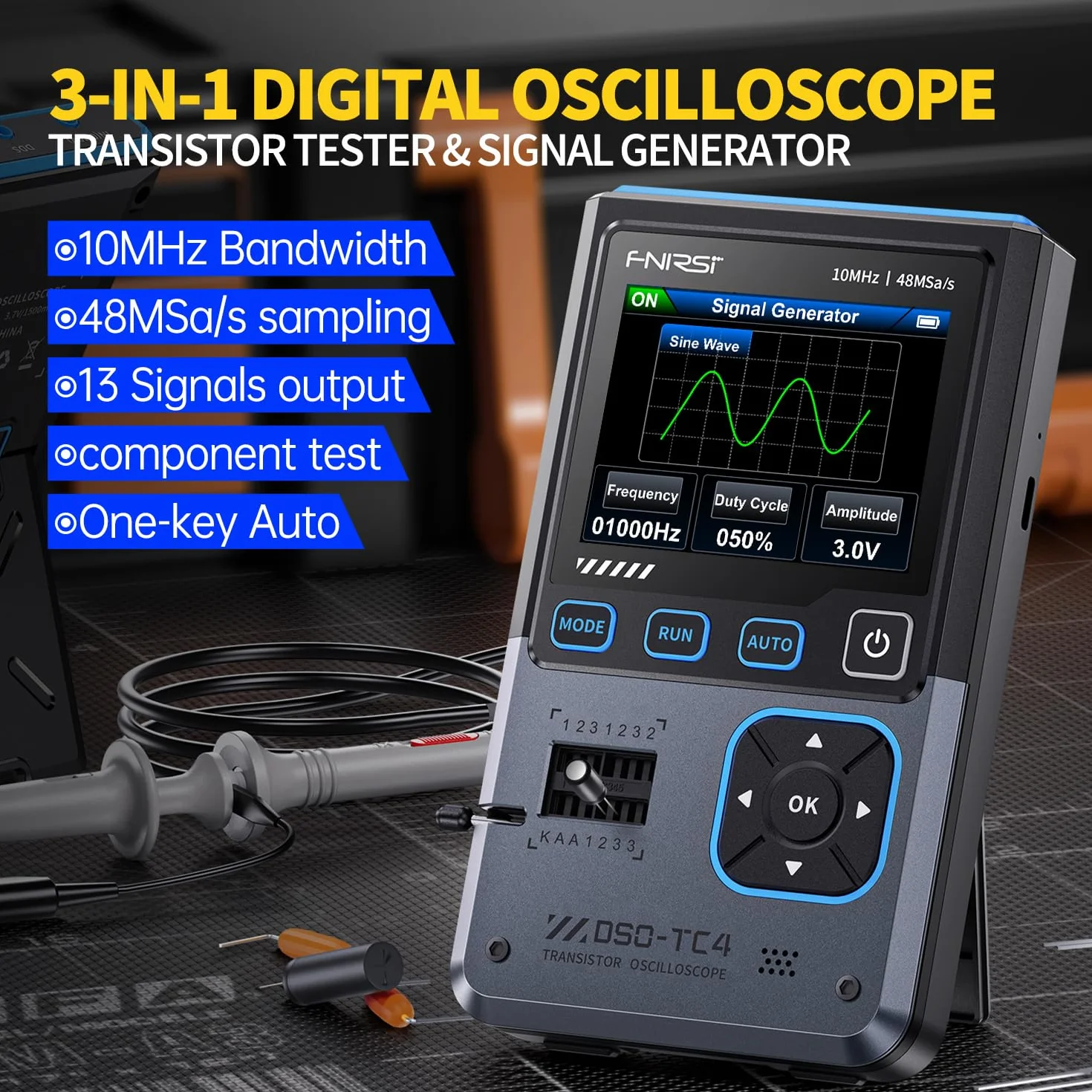 Oscilloscope,3 in 1 Digitales Oszilloskop 10MHz Bandbreite 48Ms/s Abtastung 13 Signalausgang Ein-Tasten-Auto Transistortester Elektronik Bauteiltester USB Ladegerät Werkzeuge,Deutsche Sprachanzeige