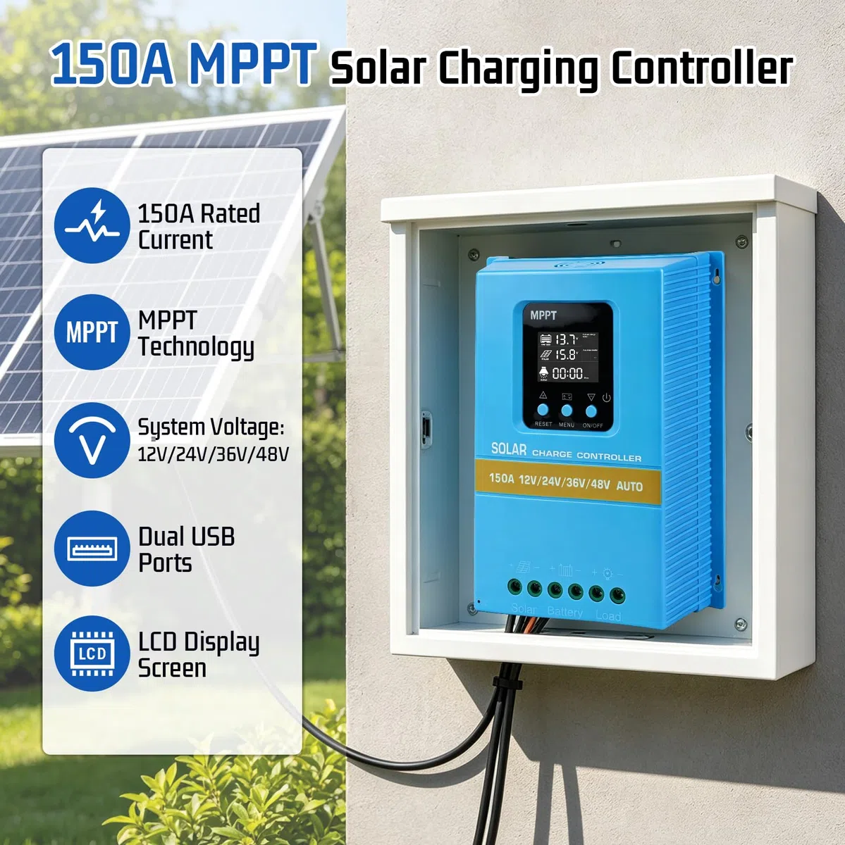150A MPPT Laderegler, 12V 24V 36V 48V Solar Laderegler, Solarladeregler mit LCD Display und Doppelte USB, Max PV 100V Eingang für Blei-Säure/Lithium Batterie
