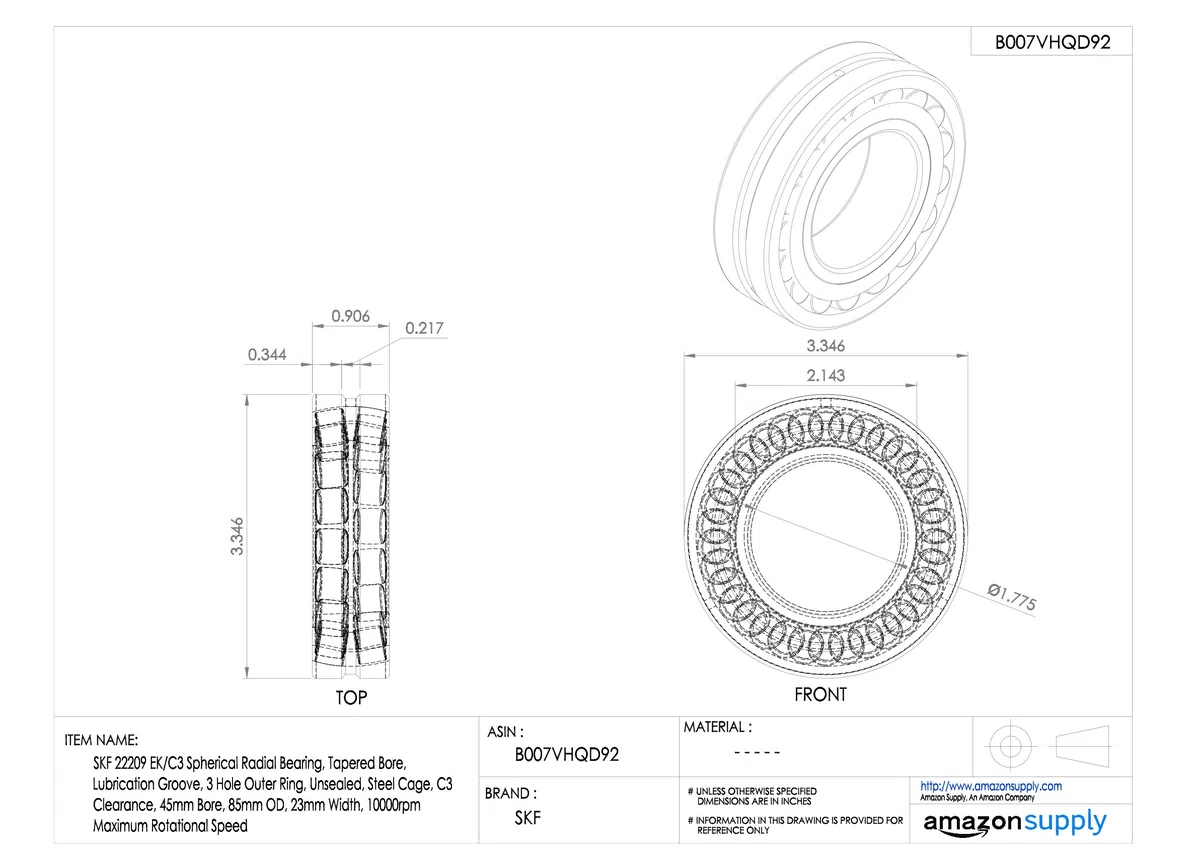 SKF 22209 EK/C3 Sphärische Radial Kugellager, keilförmige Bohrung, Schmierung Groove, 3 Loch Außenring, unversiegelte, Stahl Käfig, C3 Bodenfreiheit, 45 mm Bohrung, 85 mm OD, 23 mm Breite, 10000rpm Maximale Drehzahl