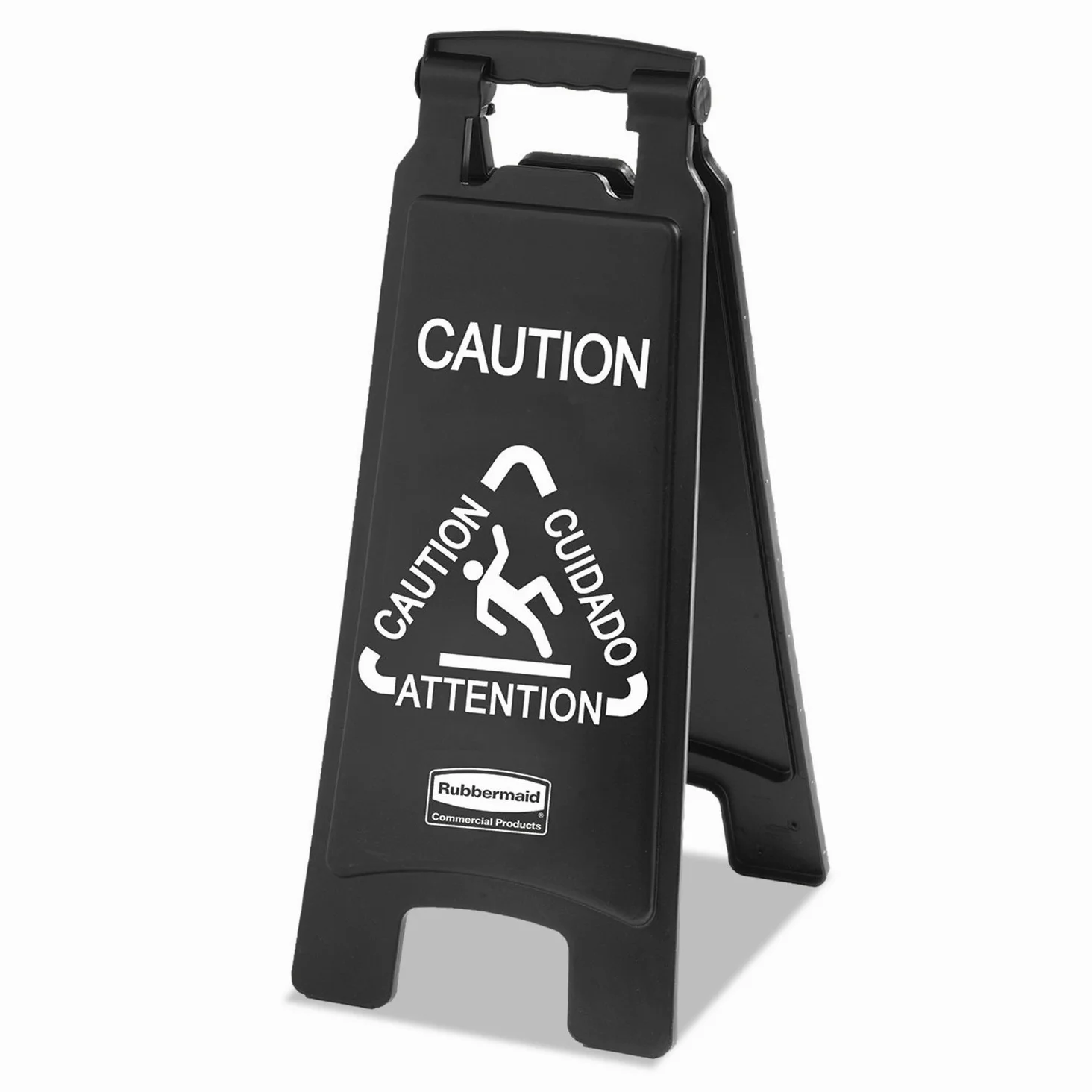 Rubbermaid Commercial Products Executive Warnschild 66 cm Schwarz – 2-seitiges klappbares Vorsicht-Rutschgefahr Schild mit mehrsprachigem Hinweis – ANSI- und OSHA-konform