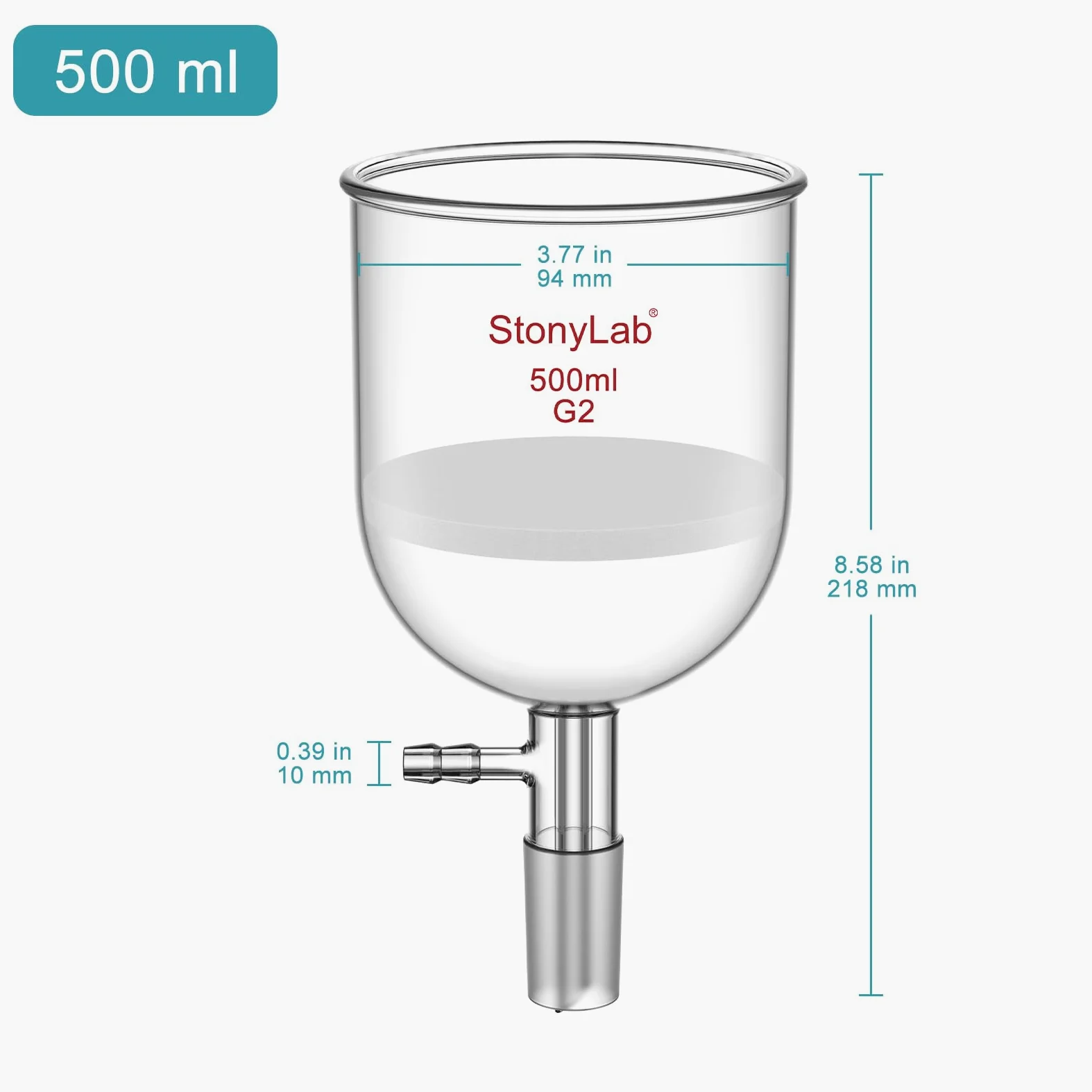StonyLab Glas Buchner Trichter Filter, Borosilikatglas Vakuum Buchner Filtertrichter 500ml mit Mittlerer Fritte(G2), 94mm Scheibendurchmesser, 100mm Tiefe, mit 24/40 Standard-Taper-Innengelenk