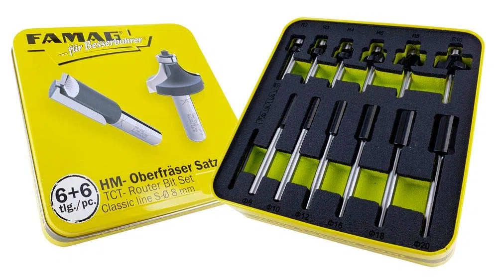 Famag HM-Oberfräser-Satz Classic-Line (6+6 tlg., Fräser-Set mit Metallbox + Schaumstoffeinlage, 6 Nutfräser / 6 Abrundfräser) 3381866