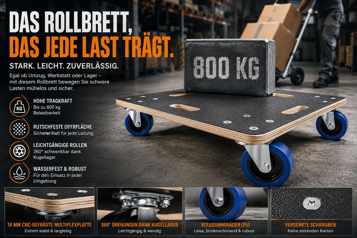Möbelroller bis 800 kg Tragkraft - aus 18 mm Multiplex Holz mit Rutschfester Siebdruckplatte & 4 Lenkrollen - Transportroller Möbel Rollbrett für Umzug, Werkstatt & Lager (60x80 cm)