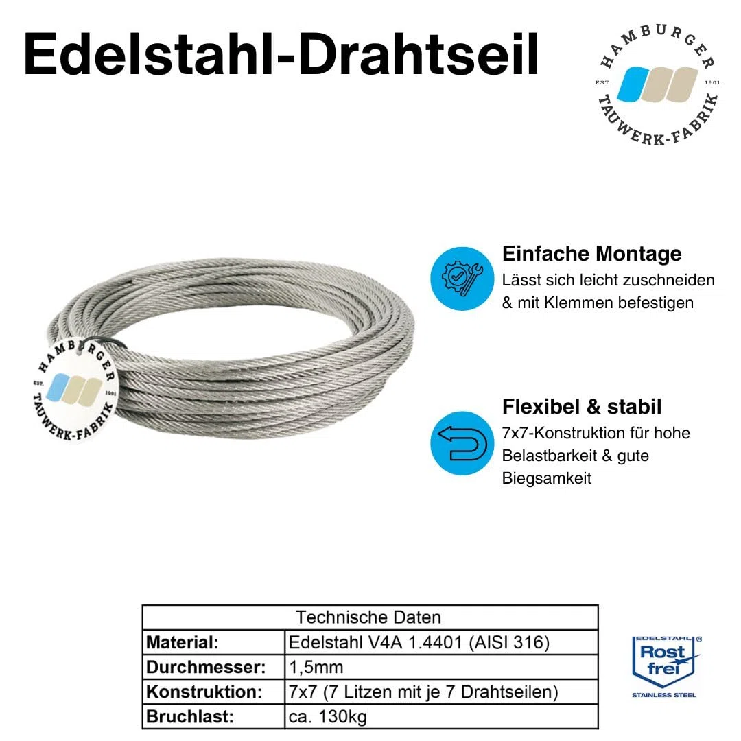 250 Meter - 1,5mm Edelstahldrahtseil 7x7 V4A Inox rostfrei Drahtseil Stahlseil Geländerseil