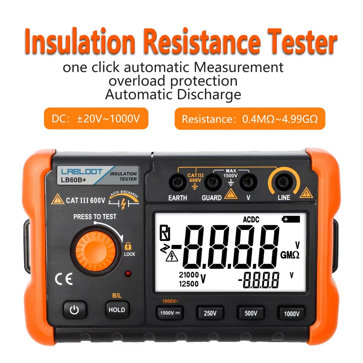 LB60B+ Digitaler Isolationswiderstandstester 1000V Test DC AC 2000m Ohm Hochspannungs-Kurzschluss-Eingangsalarm