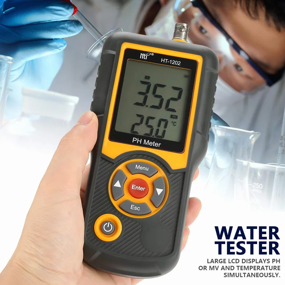 Digitales PH-Messgerät HT-1202 0, 05 pH Hochpräziser Wasserqualitätstester, PH mV-Testertemperaturmesser 0~14 PH mit schwarzem Gehäuse für Wasserquellen, Schulen, Labors, Apotheken