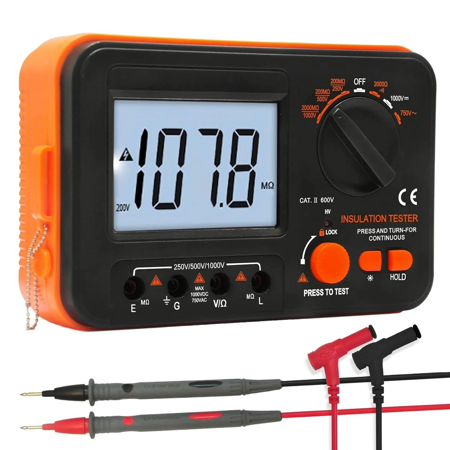 Isolationsmessgerät 250V/500V/1000V Megohmmeter, Kethvoz Isolationsprüfer mit AC/DC Spannungsmessung, Widerstand 2kΩ, Durchgangsprüfung <50Ω, Inkl. Messkabel & Krokodilklemmen