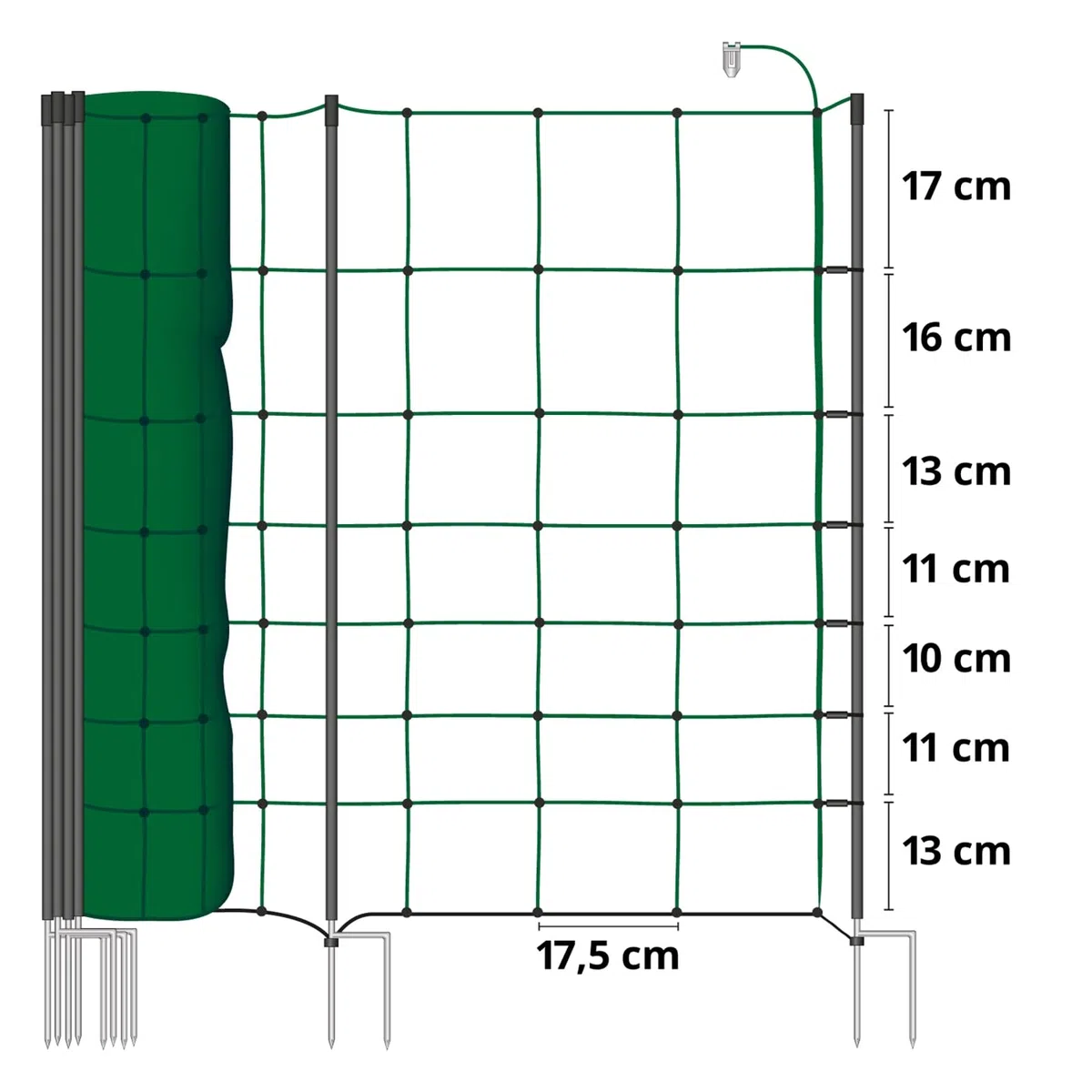 VOSS.farming Schafnetz Classic+ 50m 90cm Elektronetz 20 Pfähle 2 Spitzen grün, Weidezaunnetz Hundezaun, für größere Hunde geeignet