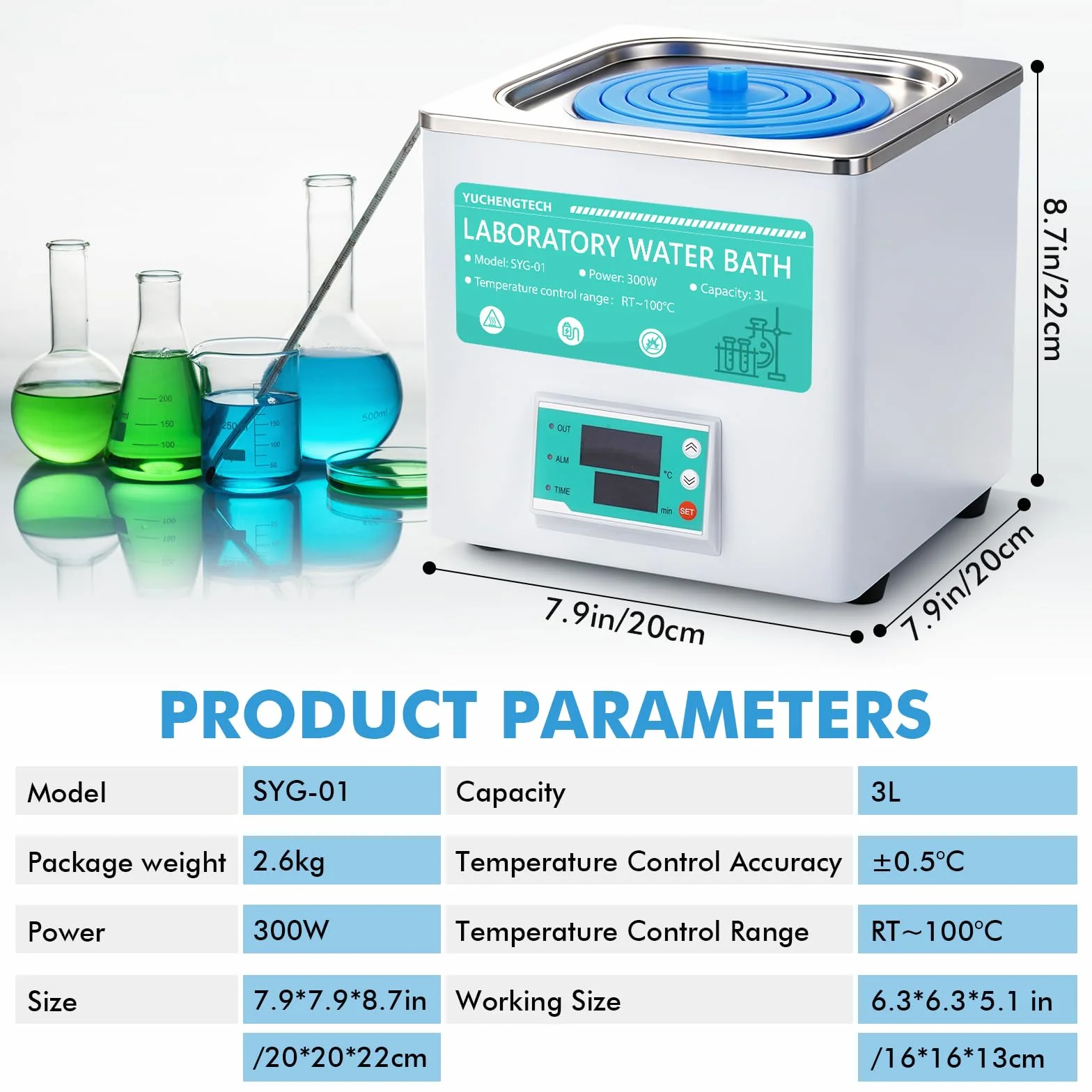 YUCHENGTECH 3L Digitales Labor Wasserbad 300W Thermostatisches Labor Wasserbad 0-999min für Laboranwendungen Lebensmittelerwärmung Chemisch-biologische Experimente