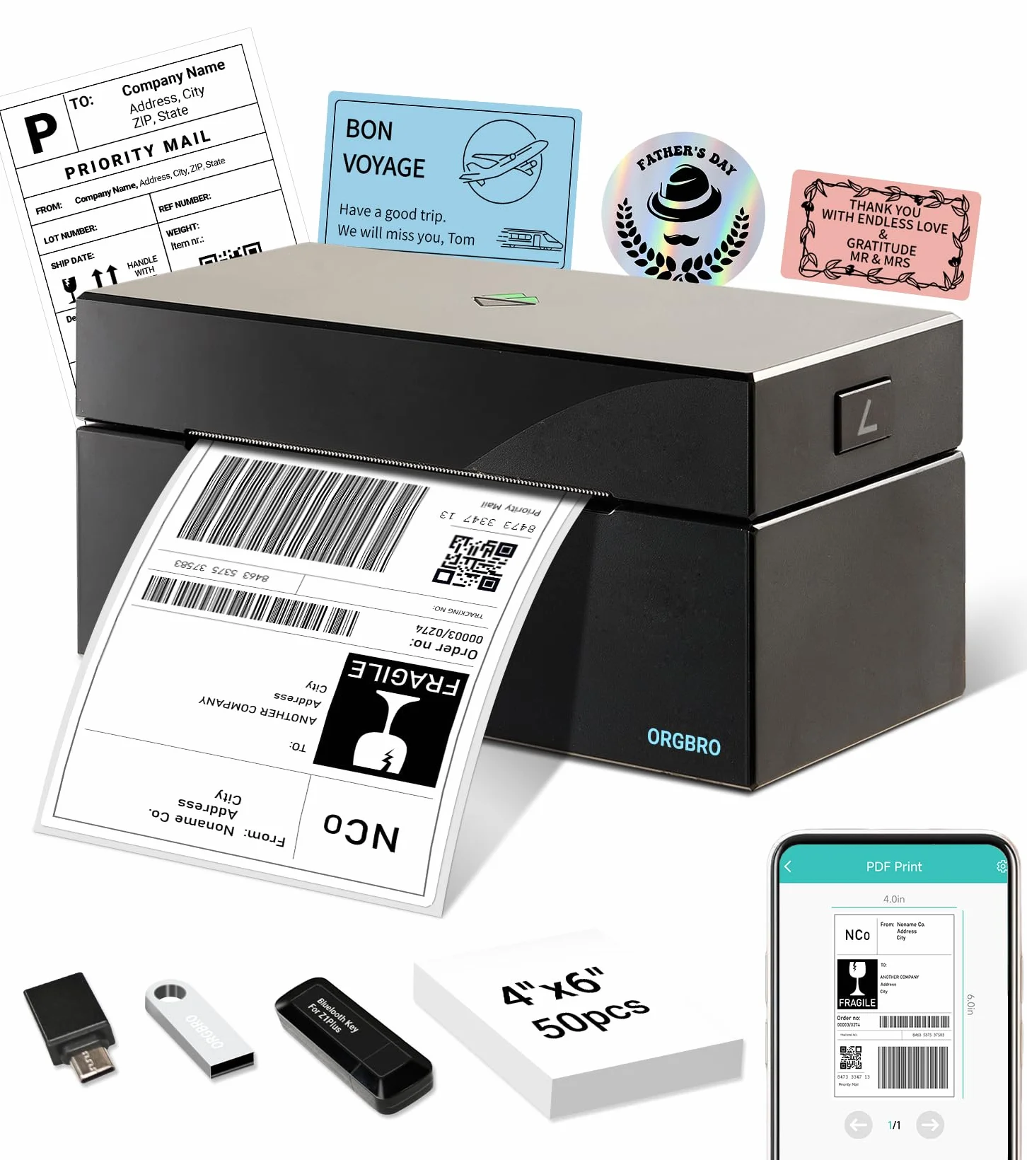 ORGBRO Bluetooth Etikettendrucker Z1 Plus DHL Thermodrucker Etikettiergerät 4x6 Versandetiketten Drucker Labeldrucker für Barcode, Adresse, Kompatibel mit Amazon, Etsy, Shopify, Schwarz