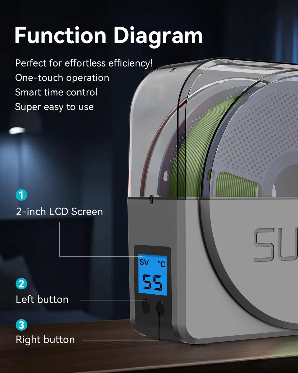 SUNLU Offizielle Filament Trockenbox mit Zirkulationsventilator, Filament Trockenlagerbox für 3D Drucker Filament 1.75 2.85 3.00mm, Entfernt Feuchtigkeit aus Filamenten, S1 Plus Grau