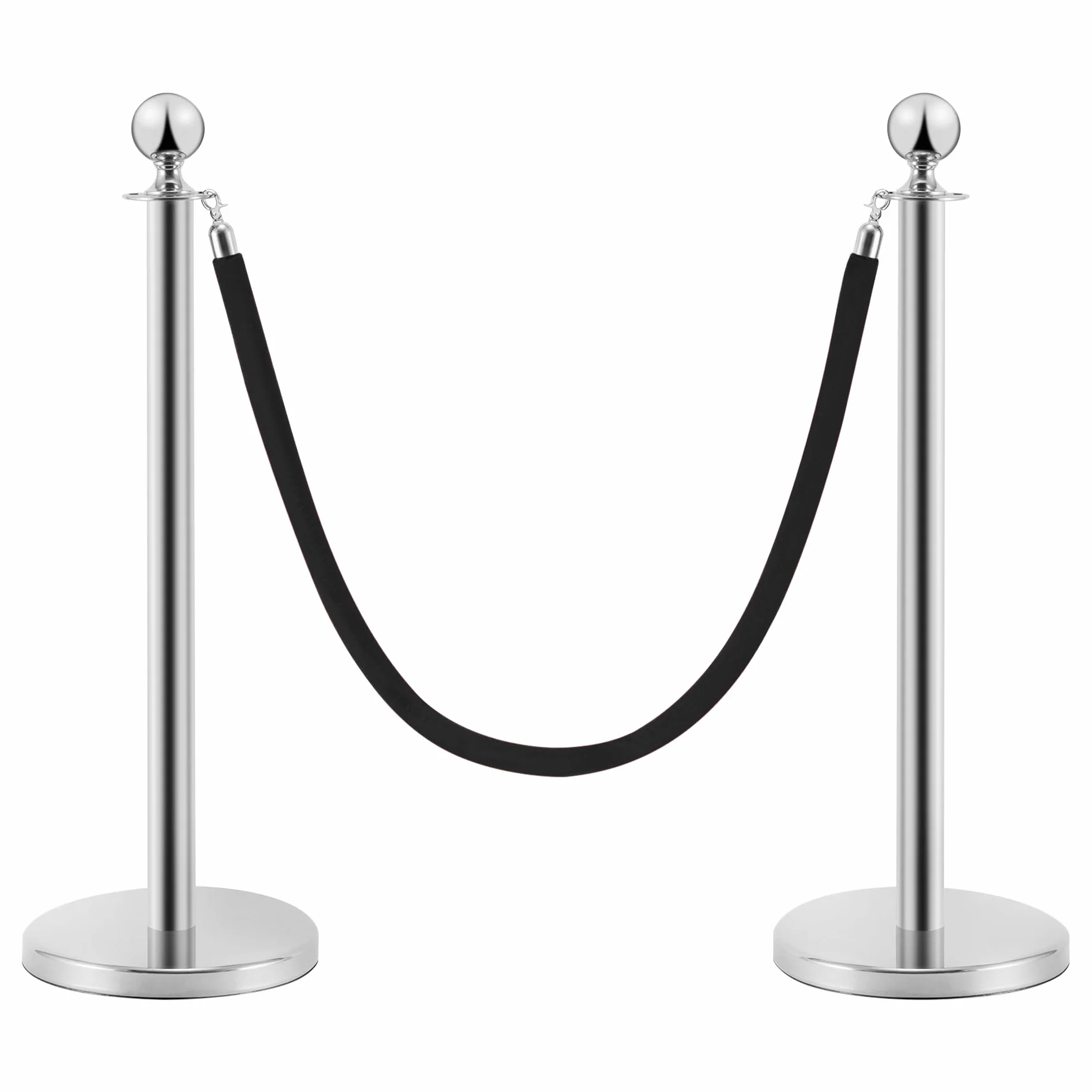 Abstandshalter aus Edelstahl, 2 Pfosten und 1 Seil, 90 cm hoch, silberfarben mit schwarzem Samtseil, 1,5 m, 4-Wege-Verbindung, Basis 31 cm Durchmesser, Kontrolle der Menge