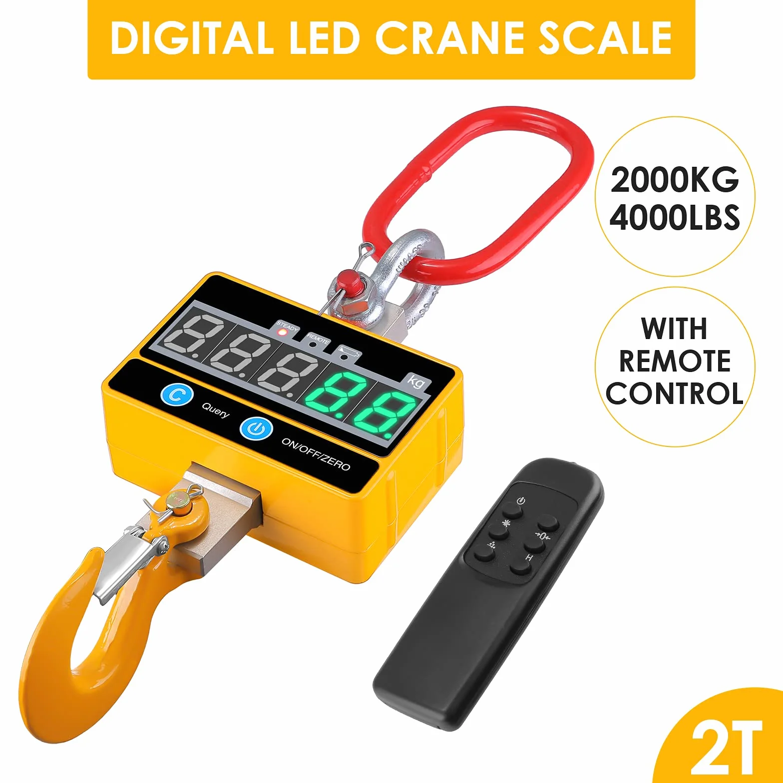 Kranwaage 2000kg, Crane Scale Digital 2T Schwere Industrie Hängewaage LED Bildschirm Wiederaufladbare mit Fernbedienung für Industrielle und Bauernhof Präzisionsmaschinen